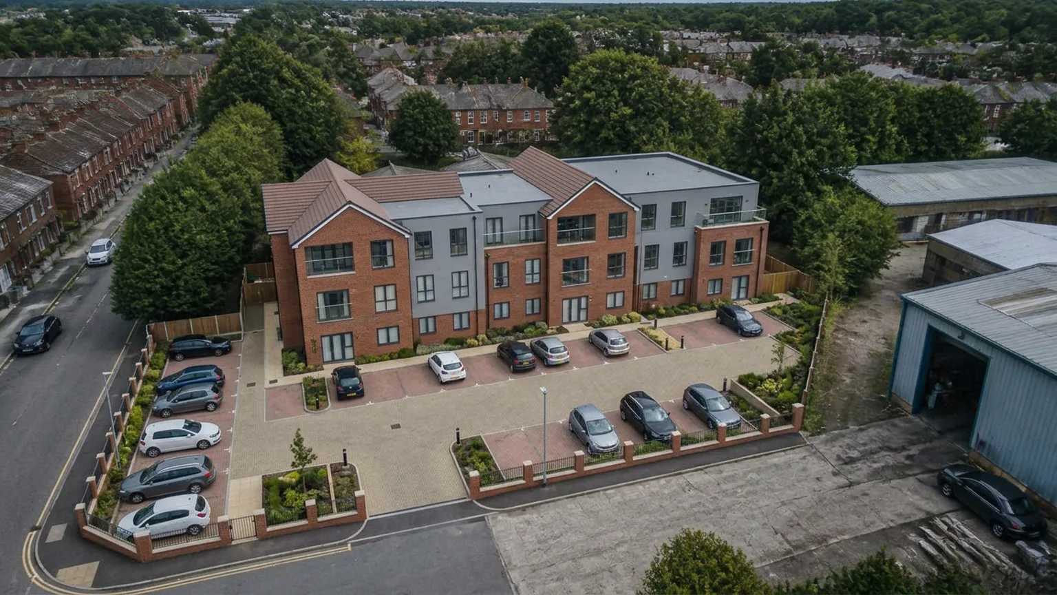 The same site shown with an illustrative residential scheme massed onto it